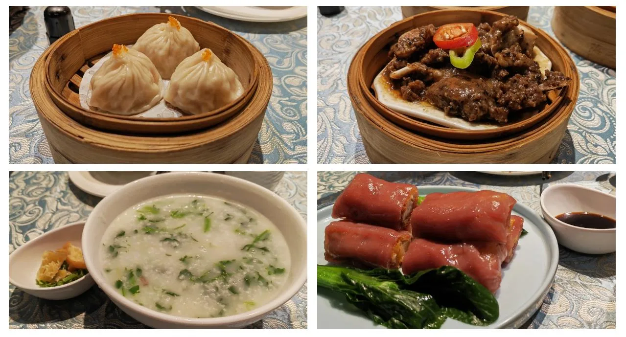 Halal Cantonese dim sum spread with steamed beef dumplings, beef ribs, congee and rice rolls