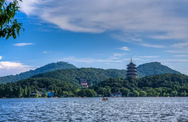 West Lake in Hangzhou with Leifeng Pagoda rising above the wooded southern shore