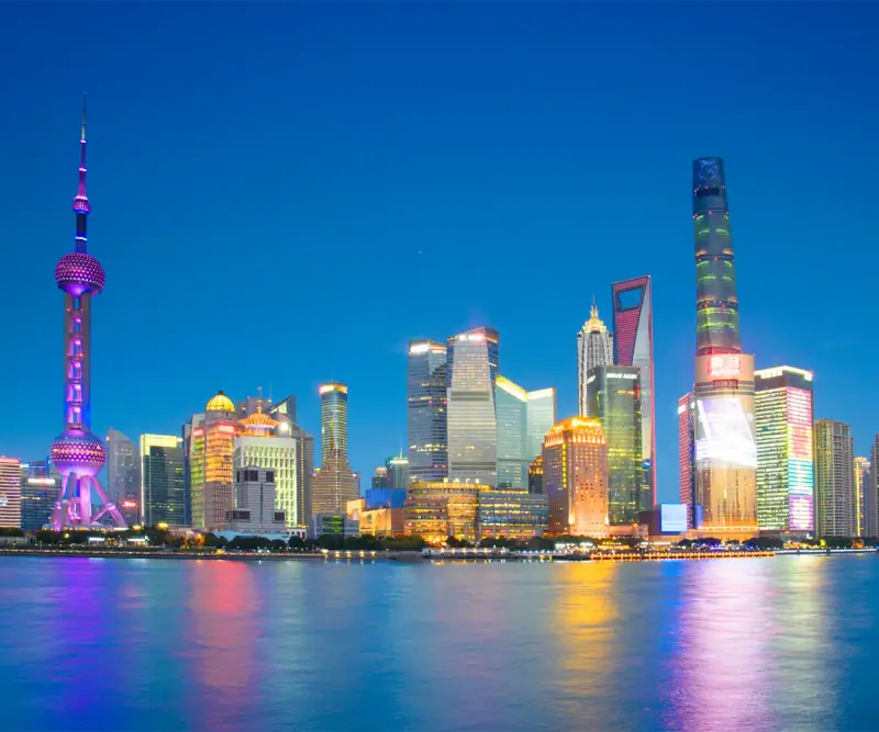 Shanghai skyline and Oriental Pearl Tower across the Huangpu River
