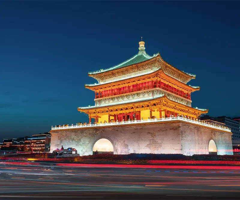 Xi'an Bell Tower illuminated at night with traffic light trails