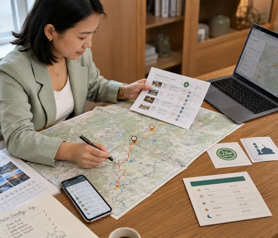 Travel planner marking a China route on a map beside a laptop and phone