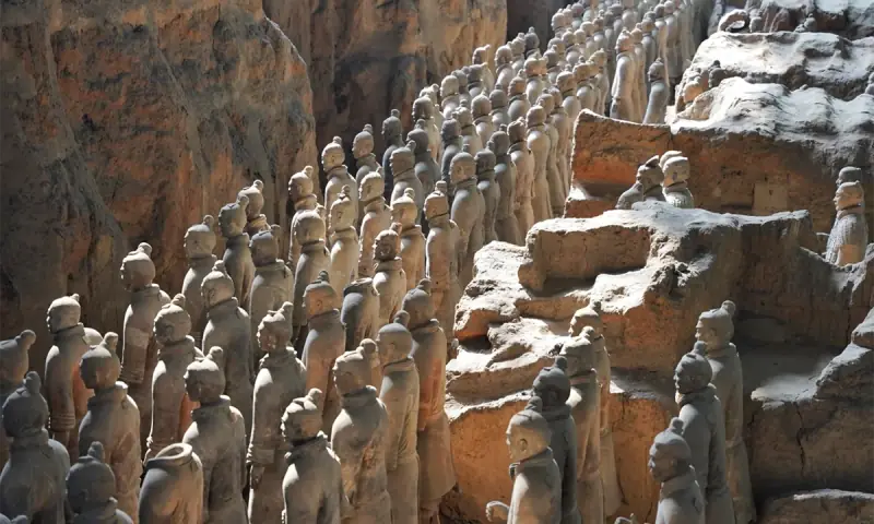 Terracotta Army figures displayed in rows in Xi'an