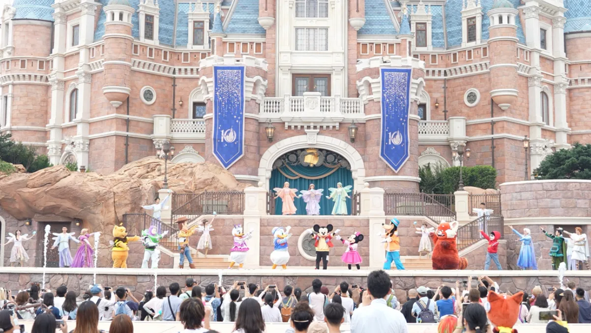 Disney character stage show in front of the Enchanted Storybook Castle at Shanghai Disneyland