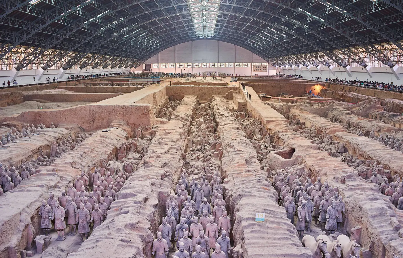 Ranks of Terracotta Army warriors in the excavation trenches of Pit One near Xi'an