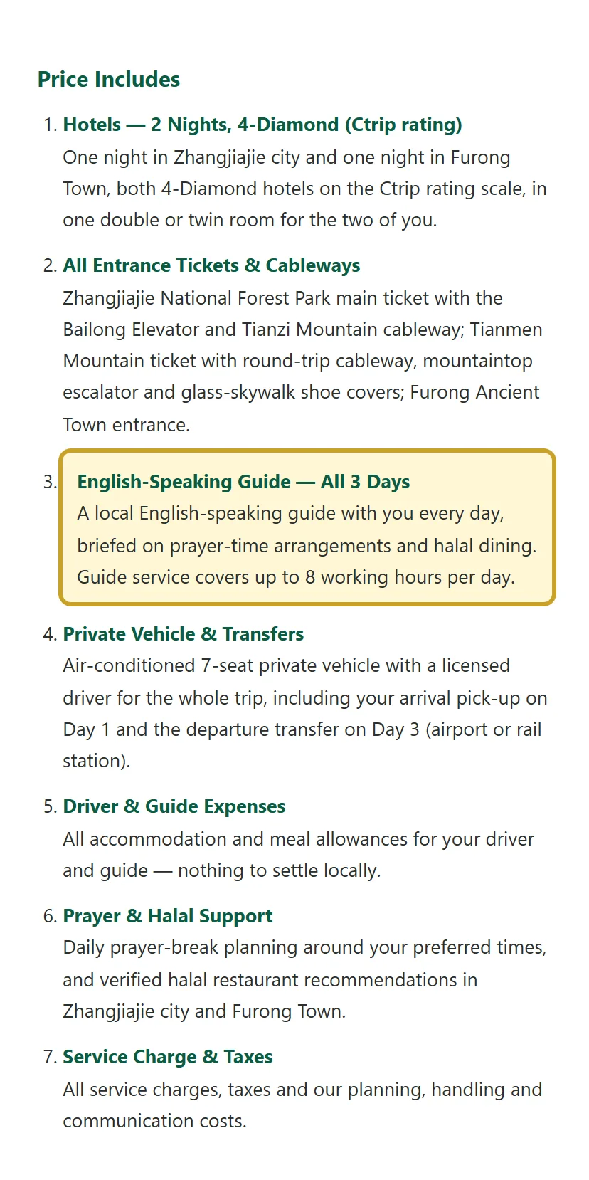 Price Includes section of a real China tour quotation with the English-speaking guide line highlighted, stating guide service covers up to 8 working hours per day