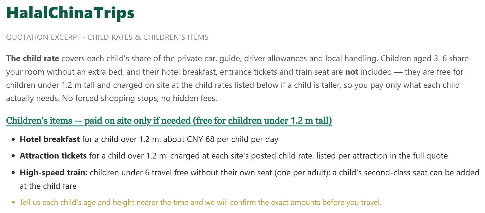 Excerpt from a HalalChinaTrips quotation listing child rate rules line by line, including free entry under 1.2 m and per-item child costs