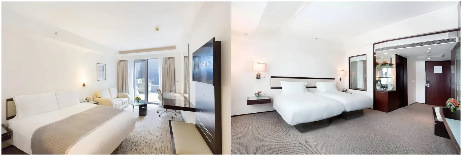 Side-by-side comparison of a king room with one large bed and a twin room with two single beds in a Chinese hotel