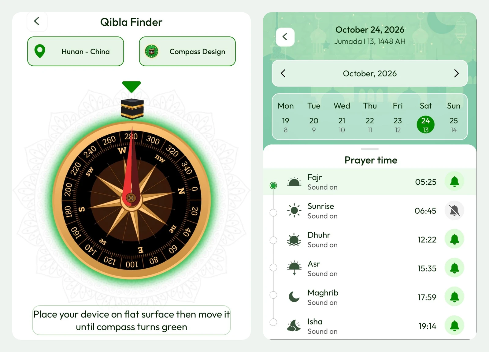 Prayer app screenshots taken in Zhangjiajie, China: the qibla compass pointing at about 280 degrees, west and slightly north, and the prayer times for 24 October 2026 in Beijing time