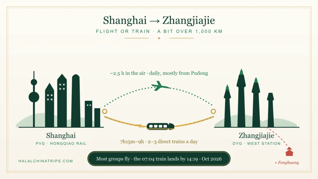 Route map comparing the Shanghai to Zhangjiajie direct flight of about 2.5 hours from Pudong with the 7-hour-plus bullet train from Hongqiao to Zhangjiajie West
