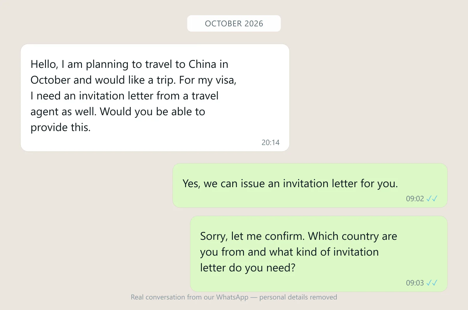 WhatsApp conversation where a traveler asks a China travel agency for a visa invitation letter and the agency confirms and asks their nationality