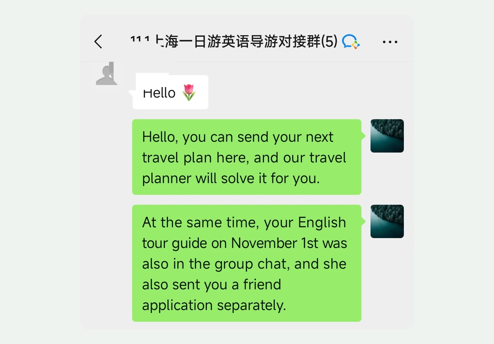 WeChat group set up before a guided day in Shanghai, where our team tells the traveler the English-speaking guide has joined and sent a friend request