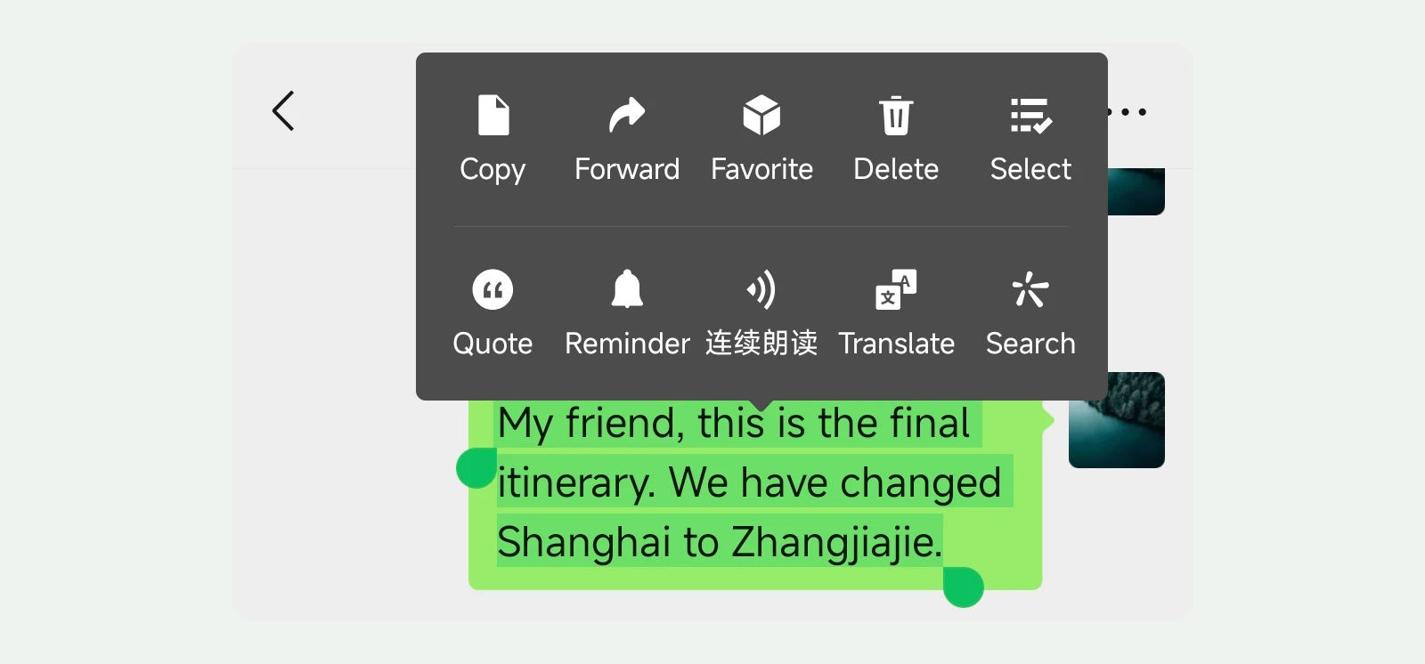 Long-pressing a message in WeChat opens a menu that includes a Translate option