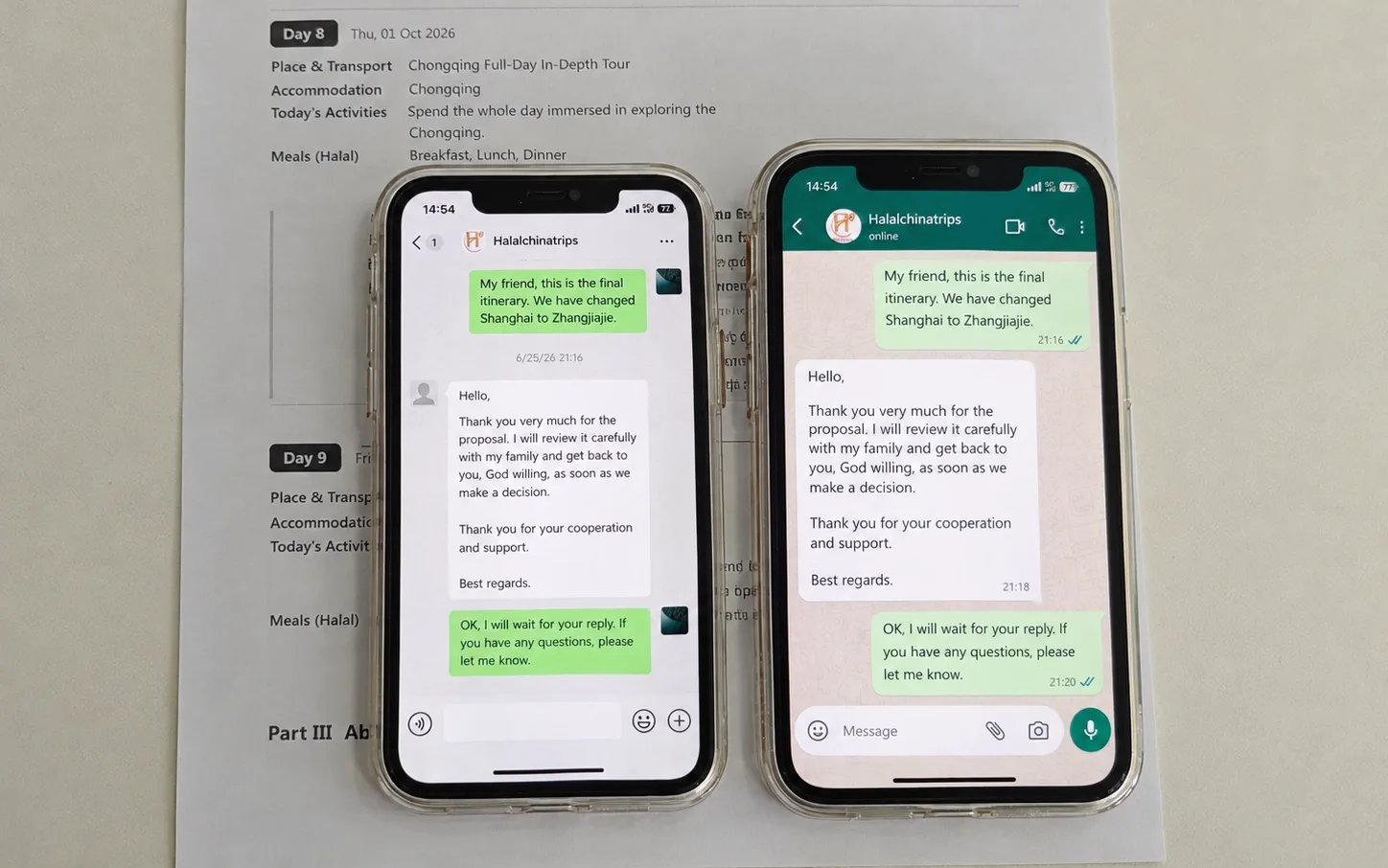Two phones on a printed China trip itinerary, one showing a WeChat chat and the other a WhatsApp chat with HalalChinaTrips