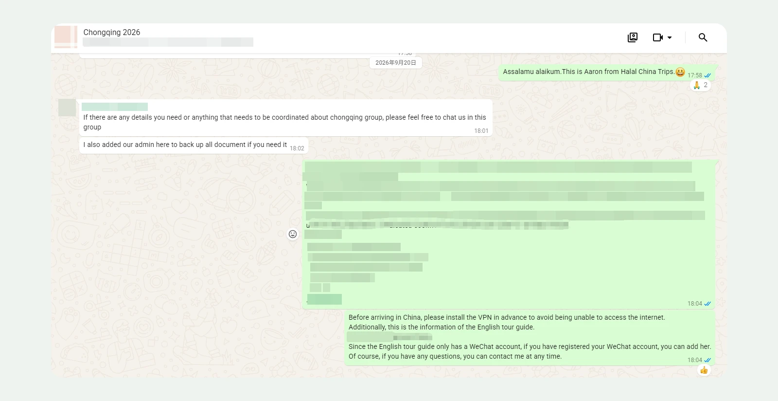 WhatsApp message from HalalChinaTrips to a group travelling to Chongqing, explaining that the English-speaking tour guide only uses WeChat (personal details hidden)